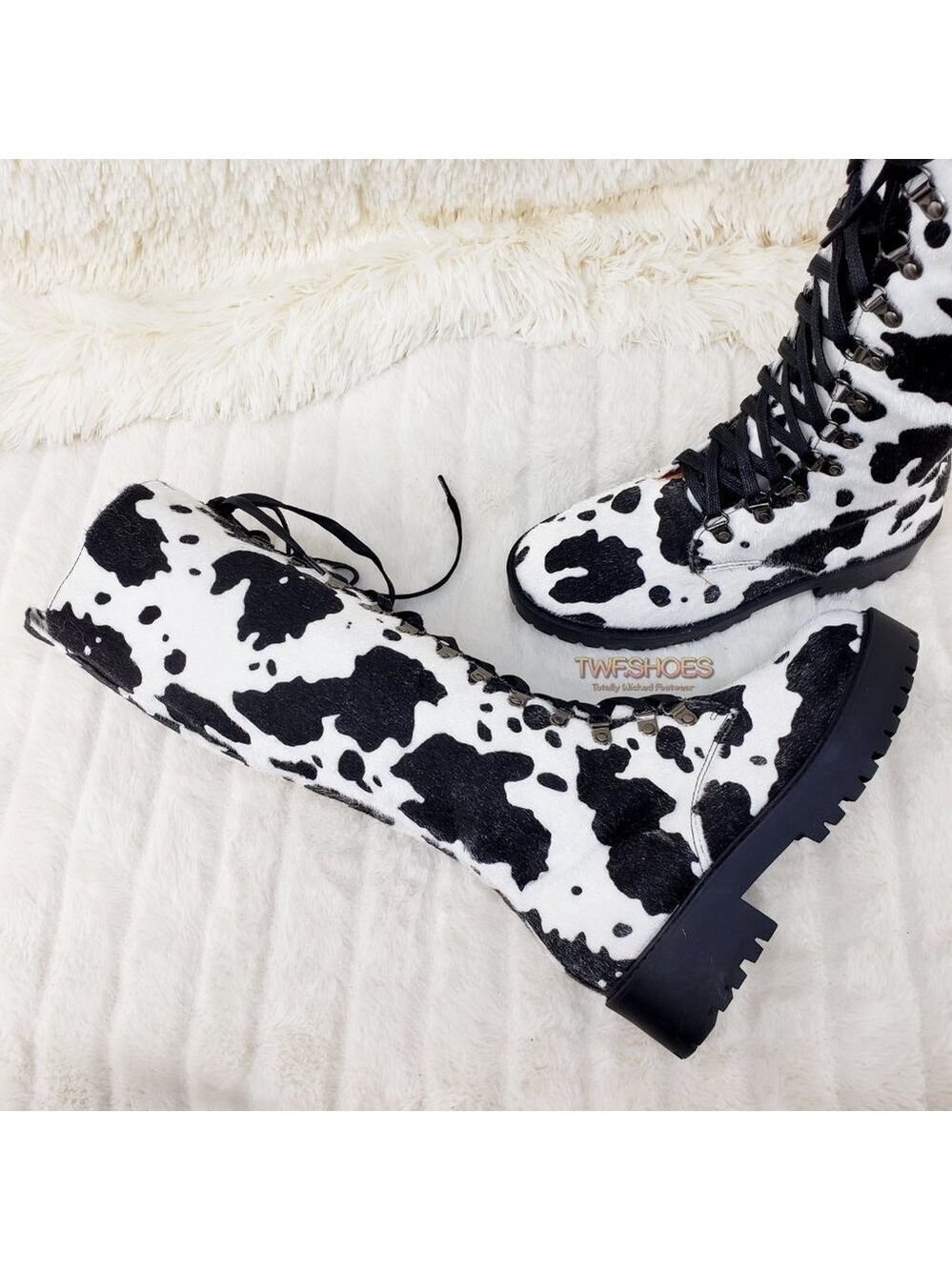 Savage Cow Combat Lace Up Knee Boots Faux Cow Print Brand New - Picture 6 of 16
